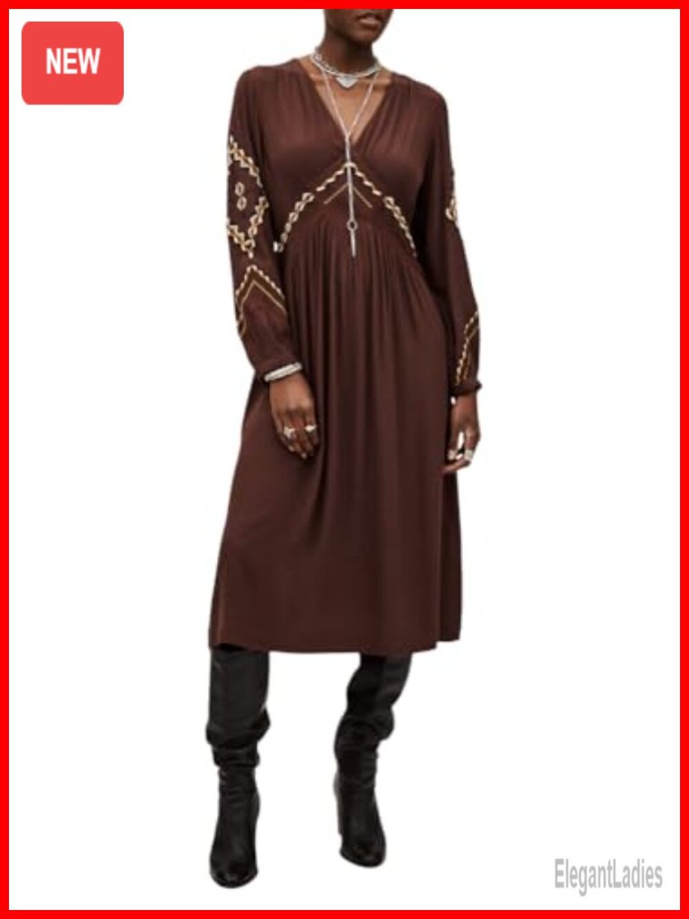 ba&sh Tany Midi Dress Long Puff Sleeve V-Neck Fitted Waist Casual